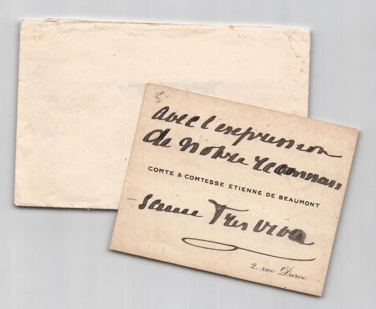 Comte et Comtesse de Beaumont - Carte autographe sign&eacute;e - Remerciements. Comte et Comtesse &Eacute;tienne de Beaumont