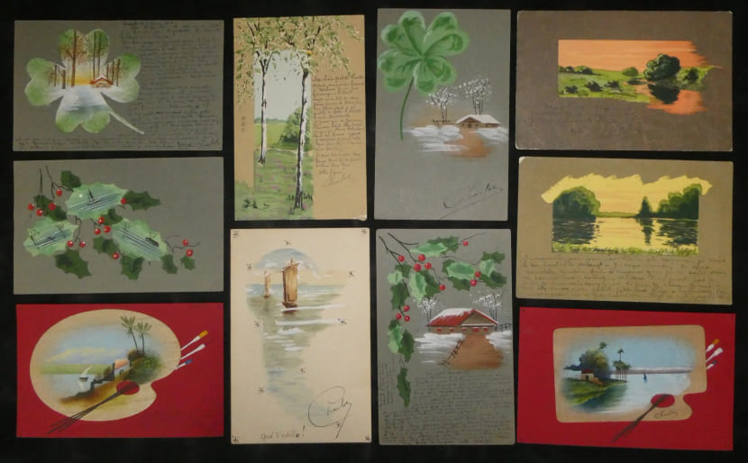 Correspondance de fian&ccedil;ailles illustr&eacute;e - Ensemble de 10 cartes postales fantaisie peintes &agrave; la main par &laquo; Charlot &raquo; pour Rose Tissot - Marseille, ...