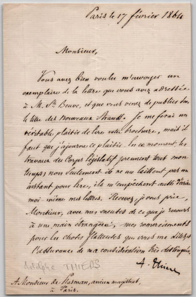 Adolphe Thiers - Lettre sign&eacute;e &agrave; M. de Plasman, sur Strauss - 1864. Adolphe Thiers