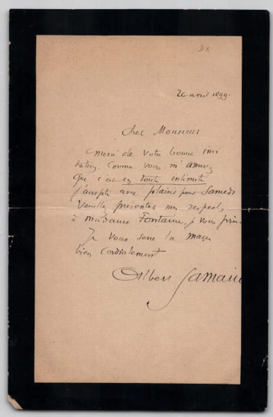Albert Samain, Lettre autographe sign&eacute;e &agrave; A. Fontaine, Invitation mondaine, 1899. Albert Samain