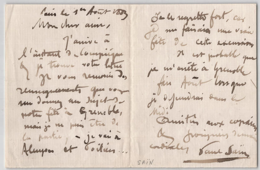 Paul Sa&iuml;n - Lettre autographe sign&eacute;e - Voyages et f&ecirc;te &agrave; Grenoble - 1883. Paul Sa&iuml;n