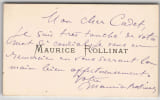 Maurice Rollinat - Carte de visite autographe sign&eacute;e - &Agrave; Cadet - XIXe si&egrave;cle. Maurice Rollinat