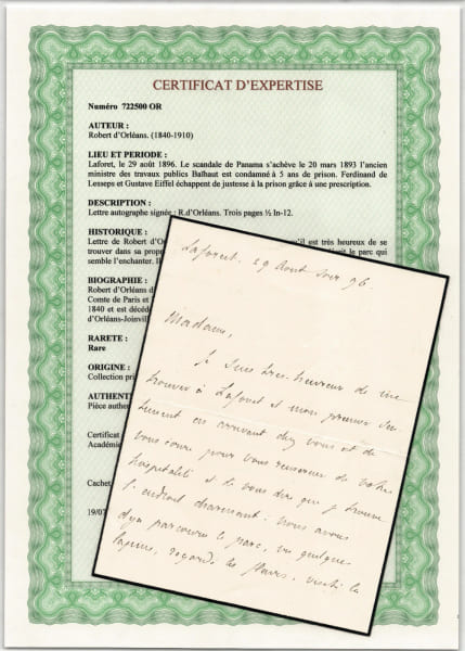 Robert d'Orl&eacute;ans - Lettre autographe sign&eacute;e - Laforet 1896. Robert d'Orl&eacute;ans