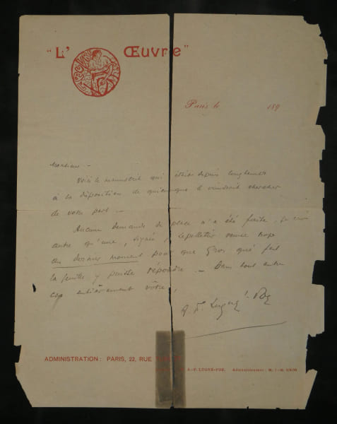 Lugn&eacute;-Poe - Lettre autographe sign&eacute;e - Th&eacute;&acirc;tre de l'Œuvre. Lugn&eacute;-Poe