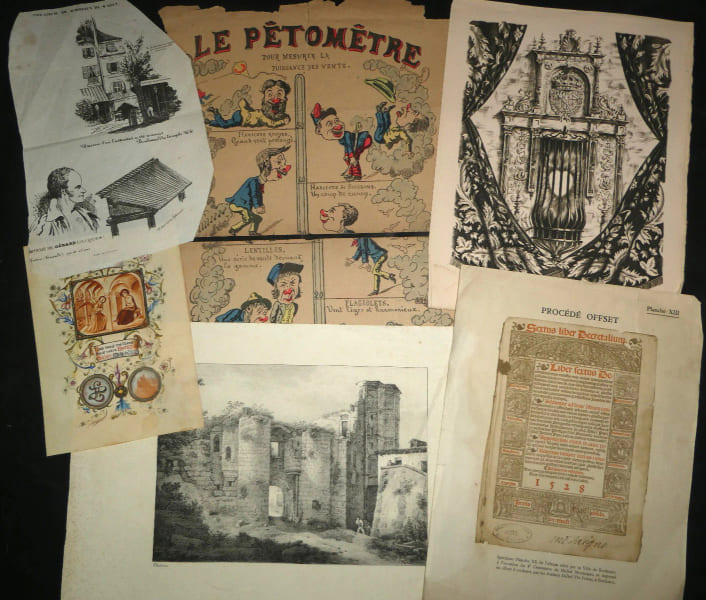 Lot de 6 pi&egrave;ces de gravures, dessins et imprim&eacute;s - XIXe-XXe si&egrave;cle. Thi&eacute;non, Claude ; Josso, Camille-Paul ; Lavrate