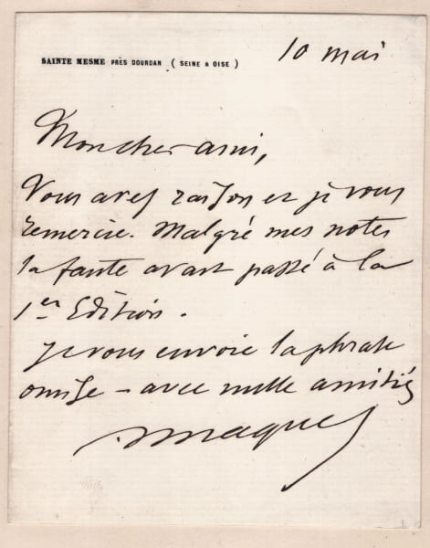 Auguste Maquet - Lettre autographe sign&eacute;e - Errata d'&eacute;dition - Sainte-Mesme. Auguste Maquet