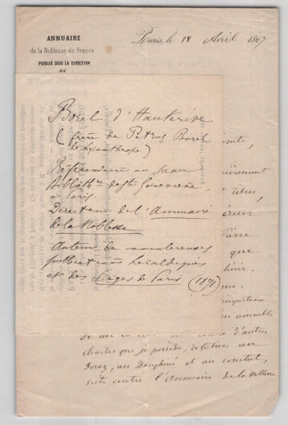 Andr&eacute; Borel d'Hauterive - Lettre autographe sign&eacute;e - Vente Charavay - 1867. Andr&eacute; Borel d'Hauterive