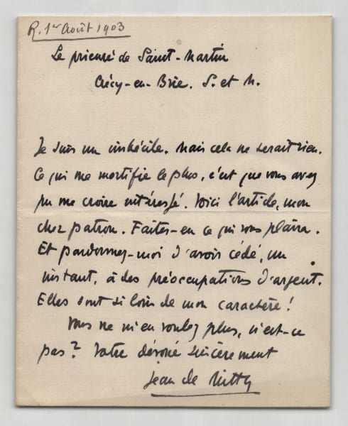 Jean de Mitty - Lettre autographe sign&eacute;e - Article et pr&eacute;occupations d'argent. Jean de Mitty