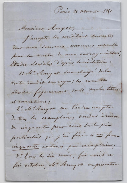 A. de Montagu d'O - Lettre autographe sign&eacute;e - Contrat d'&eacute;dition (Amyot) - 1851. Auguste Louis C&eacute;sar de Montagu d'O
