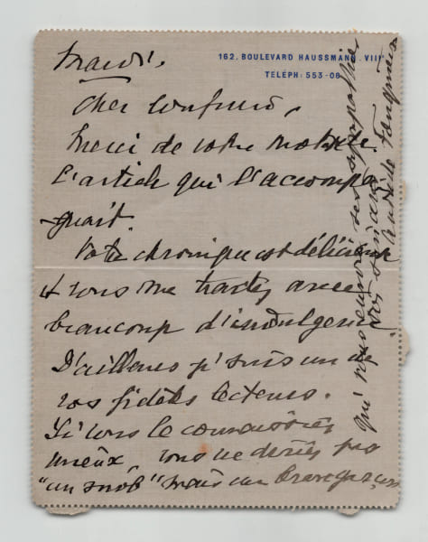 Andr&eacute; de Fouqui&egrave;res - Lettre autographe sign&eacute;e &agrave; Georges Maurevert - 1913. Andr&eacute; de Fouqui&egrave;res