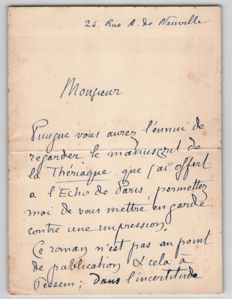 Jos&eacute;phin P&eacute;ladan (S&acirc;r P&eacute;ladan) - Lettre autographe sign&eacute;e &laquo; La Th&eacute;riaque &raquo; 1908. Jos&eacute;phin P&eacute;ladan (S&acirc;r P&eacute;ladan)