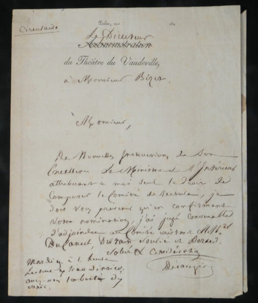 Marc-Antoine D&eacute;saugiers, directeur du Th&eacute;&acirc;tre du Vaudeville - Circulaire autographe sign&eacute;e - Restructuration du comit&eacute; de lecture du Th&eacute;&acirc;tre du ...