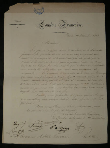Lettre sign&eacute;e par R&eacute;gnier & 7 autres &agrave; Achille Dev&eacute;ria - Don de dessins - 1846. R&eacute;gnier, Provost, Beauvallet, Geffroy et autres soci&eacute;taires de la ...