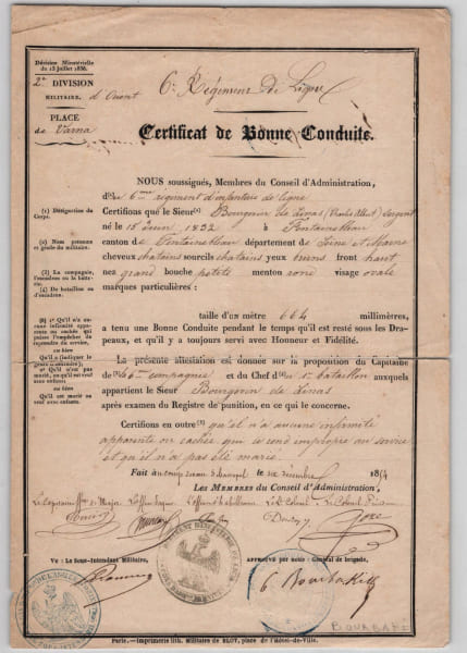 G&eacute;n&eacute;ral Ch. Bourbaki Certificat de bonne conduite sign&eacute;, S&eacute;bastopol Crim&eacute;e 1854. Bourbaki, Charles