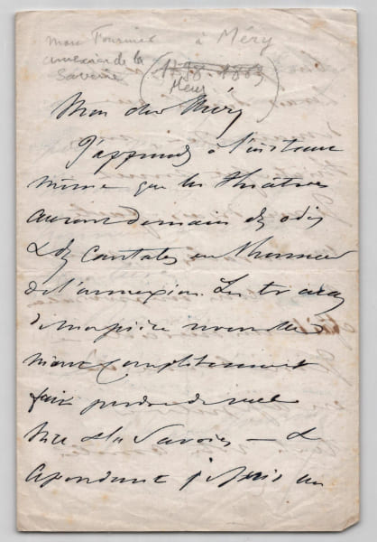 Lettre autographe sign&eacute;e - Annexion de la Savoie &agrave; la France. Marc Fournier