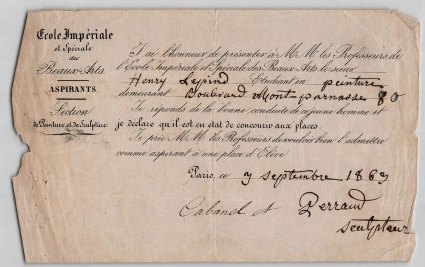 Alexandre Cabanel & Jean-Joseph Perraud - Lettre sign&eacute;e &agrave; l'&Eacute;cole Imp&eacute;riale et Sp&eacute;ciale des Beaux-Arts pr&eacute;sentant un aspirant &eacute;l&egrave;ve - 1863. Alexandre ...