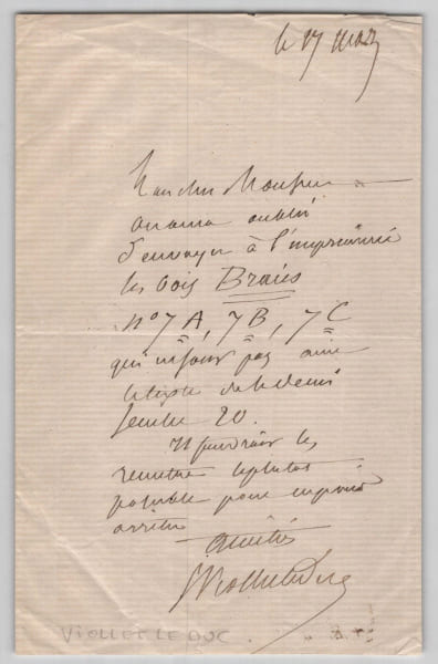 Eug&egrave;ne Viollet-le-Duc Lettre autographe sign&eacute;e &eacute;voquant l'envoi de bois grav&eacute;s &agrave; l'imprimerie. Eug&egrave;ne Viollet-le-Duc