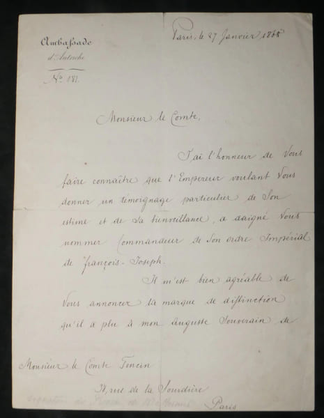 Richard de Metternich Lettre sign&eacute;e Nomination Ordre Imp&eacute;rial de Fran&ccedil;ois-Joseph. Richard de Metternich