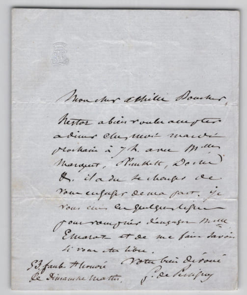 Victor Fialin, duc de Persigny - Lettre autographe sign&eacute;e - Billet mondain sur l'organisation d'un d&icirc;ner. Victor Fialin, duc de Persigny