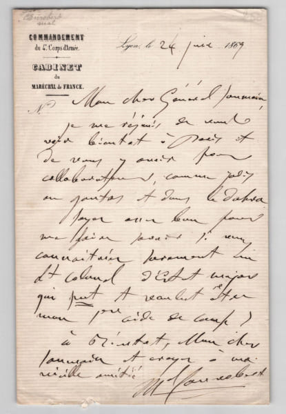 Fran&ccedil;ois Certain de Canrobert - Lettre autographe sign&eacute;e - Aide de camp &agrave; Grenoble - 1869. Fran&ccedil;ois Certain de Canrobert, mar&eacute;chal de France
