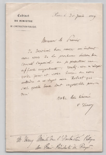 Victor Duruy - Lettre autographe sign&eacute;e - Convocation Conseil imp&eacute;rial - 1869. Victor Duruy