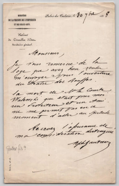 Alphonse Gautier, secr&eacute;taire g&eacute;n&eacute;ral de la Maison de l'Empereur - Lettre autographe sign&eacute;e sur la mort du comte Walewski, fils naturel de Napol&eacute;on Ier ...