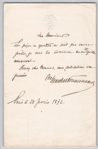 Comte Guido Henckel von Donnersmarck - Lettre autographe sign&eacute;e - Paris 1872. Comte Guido Henckel von Donnersmarck