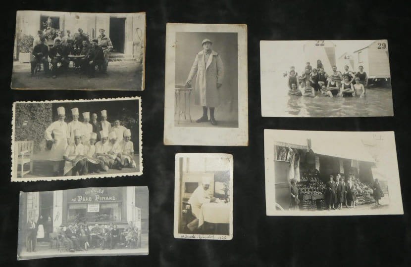 Lot de 7 photos anciennes - sc&egrave;nes de vie, militaria et h&ocirc;tellerie, 1910/1930. 
