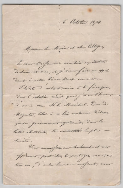 Ernest Arrighi de Casanova, 2ᵉ duc de Padoue - Lettre autographe sign&eacute;e - Circulaire &eacute;lectorale pour l'&eacute;lection partielle de Seine-et-Oise - Mac-Mahon ...