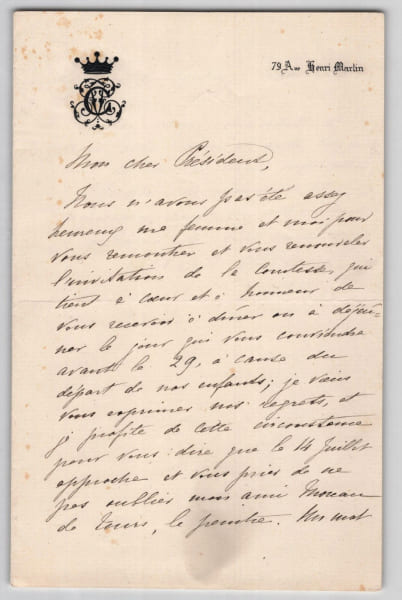 Joseph Adolphe, comte Clary - Lettre autographe sign&eacute;e - Officier d'ordonnance de Napol&eacute;on III pendant l'exil, mari d'une dame du palais de ...