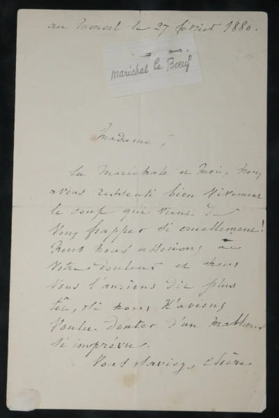 Edmond Le Bœuf Mar&eacute;chal de France Lettre autographe sign&eacute;e de condol&eacute;ances 1880. Edmond Le Bœuf, mar&eacute;chal de France