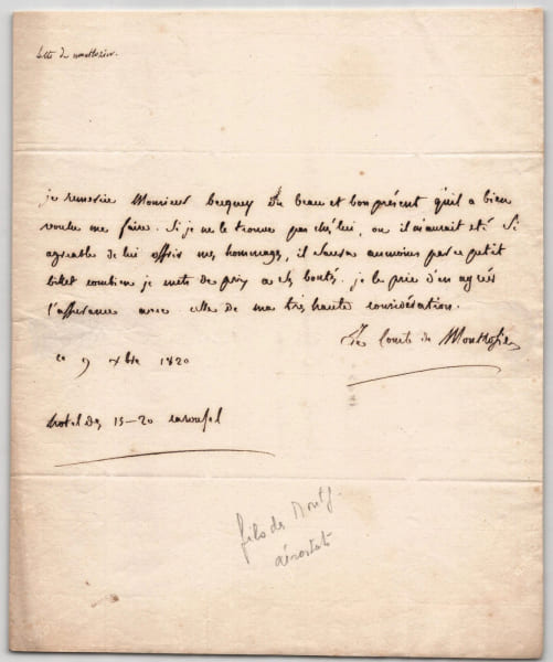 Comte de Montgolfier - Lettre autographe sign&eacute;e au Baron Becquey - 1820. Comte de Montgolfier