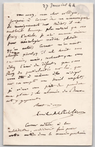 &Eacute;mile de La B&eacute;dolli&egrave;re Lettre autographe sign&eacute;e &agrave; F. Wey Mort de Ch. Nodier 1844. &Eacute;mile de La B&eacute;dolli&egrave;re