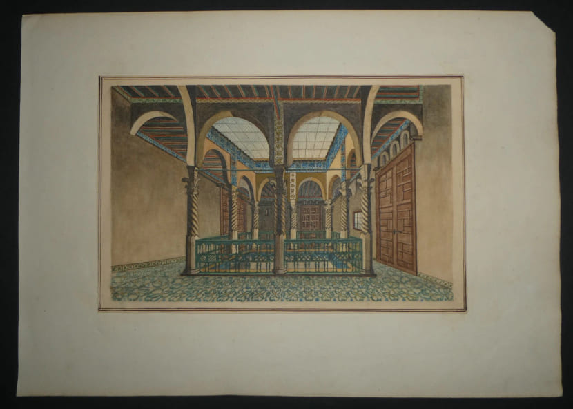Aquarelle - Int&eacute;rieur mauresque, galerie &agrave; colonnes torses - Fin XIXe. Anonyme