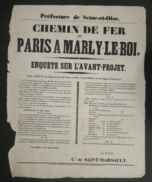 Affiche imprim&eacute;e - Chemin de fer Paris &agrave; Marly-le-Roi, enqu&ecirc;te - 1863. Pr&eacute;fecture de Seine-et-Oise / Comte de Saint-Marsault