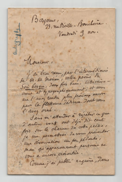 Georges H&eacute;relle - Lettre autographe sign&eacute;e - Versification basque. Georges H&eacute;relle