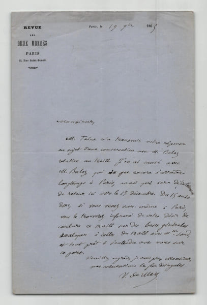 Victor de Mars - Lettre autographe sign&eacute;e &agrave; Edmond About - Taine Buloz Sand - 1865. Victor de Mars
