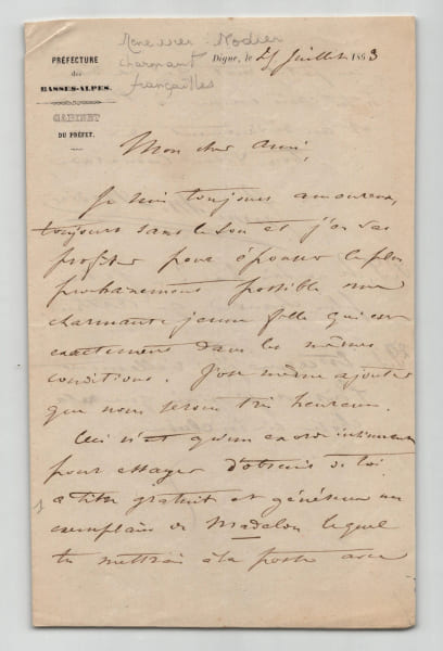 Emmanuel Mennessier-Nodier - Lettre autographe sign&eacute;e Fian&ccedil;ailles et Madelon, 1863. Emmanuel Mennessier-Nodier