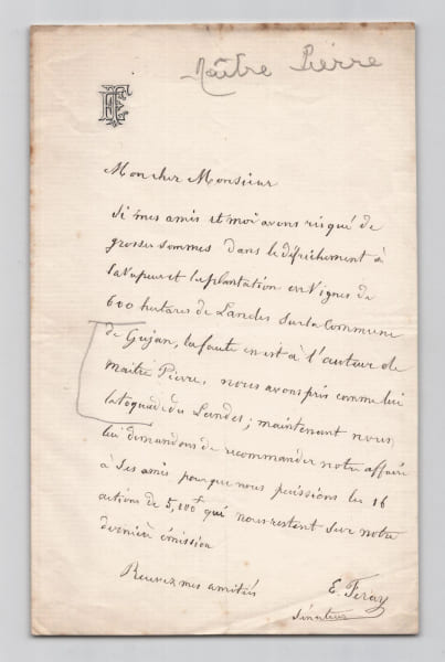 Ernest Feray - Lettre autographe sign&eacute;e &agrave; Edmond About - "Ma&icirc;tre Pierre", Les Landes. Ernest Feray