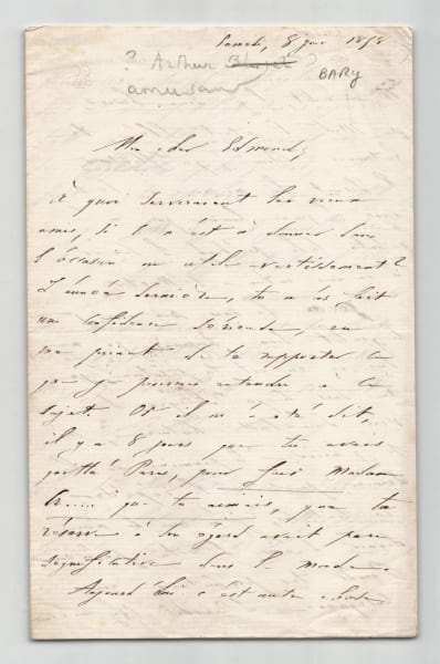 Arthur Bary - Lettre autographe sign&eacute;e &agrave; Edmond About, Mœurs et rumeurs de la soci&eacute;t&eacute; mondaine parisienne - 1858. Arthur Bary