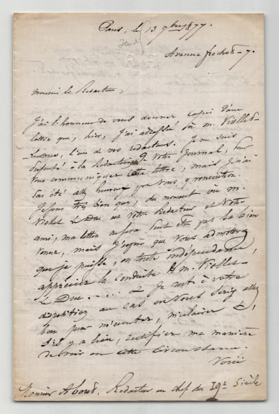 HEURTAUX - Lettre autographe sign&eacute;e &agrave; E. About sur Viollet-le-Duc & Thiers 1877. Richard Heurtaux