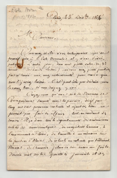 Charles Loiret - Lettre autographe sign&eacute;e &agrave; E. About &Eacute;cole Normale de Paris 1864. Charles Loiret