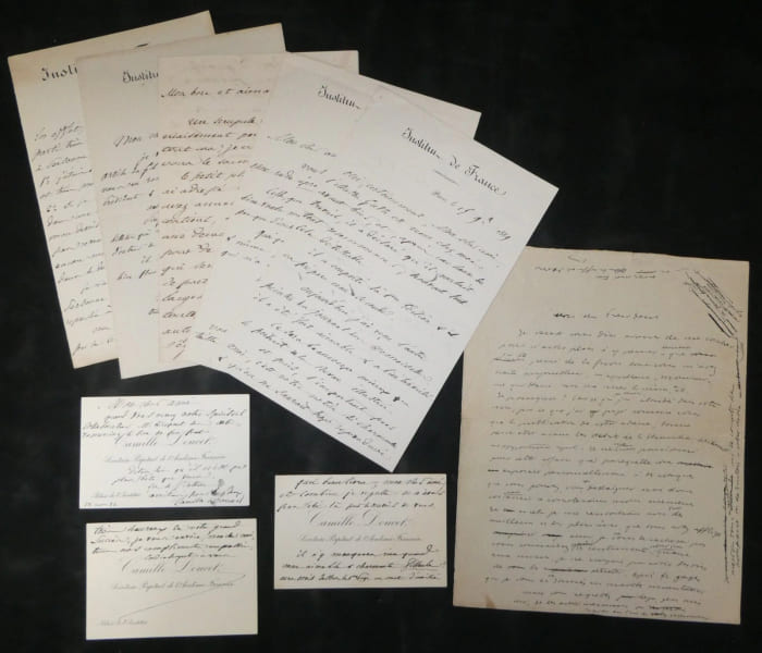 Camille Doucet et Abraham Dreyfus - Dossier crois&eacute; de 5 lettres, 3 cartes et 2 brouillons - Affaire de censure de Thermidor de Sardou et diff&eacute;rend &agrave; ...