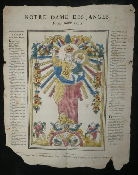 Gravure sur bois colori&eacute;e au pochoir - Notre-Dame des Anges, Litanies de la Sainte Vierge - Imprimeur L. Abadie cadet, rue du Taur - Image de ...