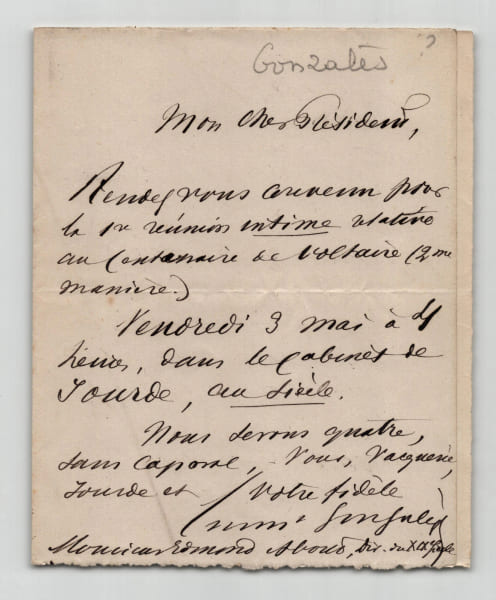Emmanuel Gonzal&egrave;s - Lettre autographe sign&eacute;e &agrave; Edmond About, Centenaire de Voltaire. Emmanuel Gonzal&egrave;s