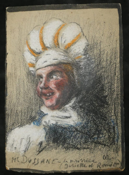 Dessin sign&eacute; GL - Portrait de B&eacute;atrix Dussane dans le r&ocirc;le de la Nourrice - "Juliette et Rom&eacute;o". GL (monogramme, artiste non identifi&eacute;)