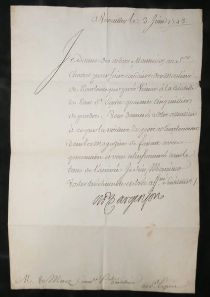 Marc-Pierre d'Argenson - Lettre sign&eacute;e - Poudre Pont-Saint-Esprit - 3 juin 1743. Marc-Pierre d'Argenson