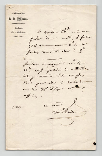 Mar&eacute;chal VAILLANT. Lettre autographe sign&eacute;e, Ministre de la Guerre, Mar&eacute;chal P&eacute;lissier. Mar&eacute;chal VAILLANT