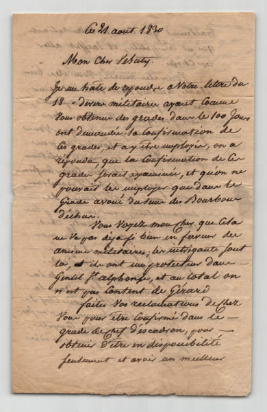 G&eacute;n&eacute;ral Dommanget - Lettre autographe sign&eacute;e - R&eacute;volution de Juillet - Grades des 100 jours - 1830. Jean-Baptiste Dommanget