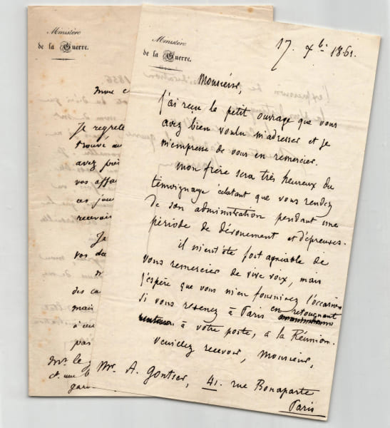 G&eacute;n&eacute;ral Darricau - Deux lettres autographes sign&eacute;es - G&eacute;n&eacute;ral Cler - 1856/1861. G&eacute;n&eacute;ral Darricau